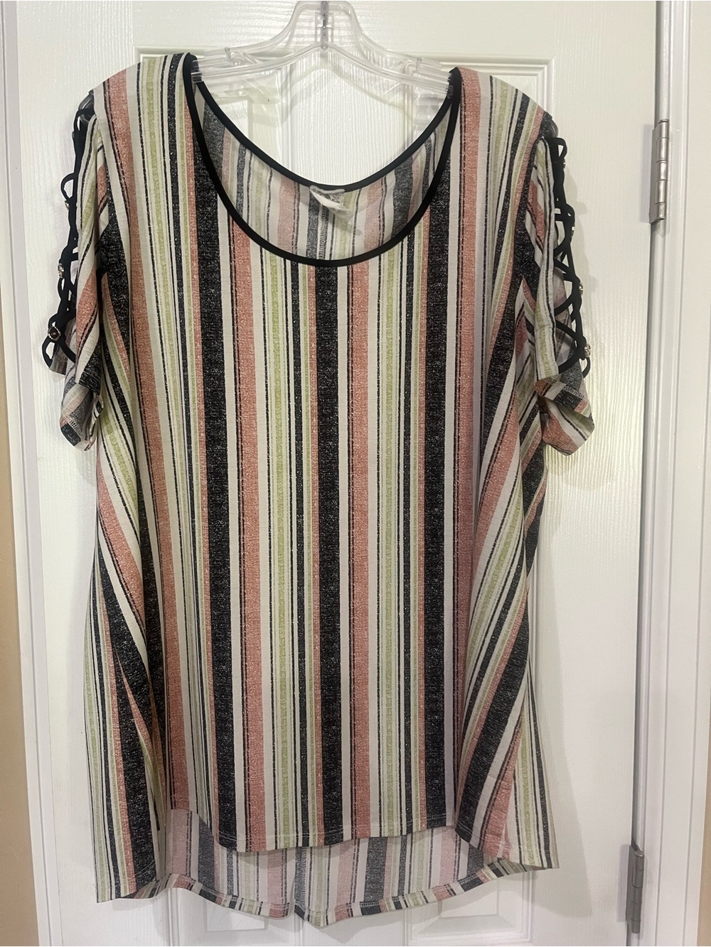 NAIF Striped Lace-Up Sleeve Tunic in Black, Pink & Cream